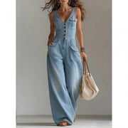 Salmae | Ärmelloser Denim-Jumpsuit mit Knopfleiste – Hellblau