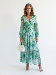 Isolde | Damen Blumenmuster Wickel Maxikleid – Grün