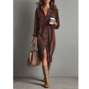 Jacklyn | Damen Midikleid Elegant Langarm Freizeit Casual – Braun