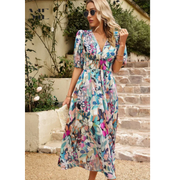 Jasmine | Damen Sommerkleid Floral V-Ausschnitt Midi Elegant – Hellblau
