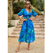Jasmine | Damen Sommerkleid Floral V-Ausschnitt Midi Elegant – Blau