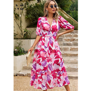Jasmine | Damen Sommerkleid Floral V-Ausschnitt Midi Elegant – Rosa