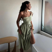Jette | Damen Stilvolles Sommerkleid Maxi Leinen – Grün