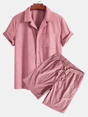 Kurzärmeliges Corduroy Kubanisches Hemd & Shorts – Hellrosa