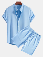 Muscle Fit Geripptes Stehkragen Hemd & Shorts – Hellblau