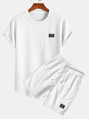 Kurzärmeliges Waffel-T-Shirt mit abgerundetem Saum & Shorts – Weiß