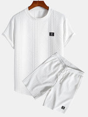 Kurzärmeliges geometrisches Jacquard-T-Shirt mit abgerundetem Saum & Shorts – Weiß