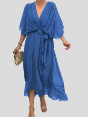 Damen Kleid Mit V Ausschnitt Und Wickelstil – Blau