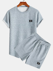 Kurzärmeliges Waffel-T-Shirt mit abgerundetem Saum & Shorts – Silber