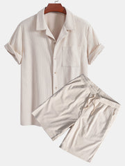 Kurzärmeliges Corduroy Kubanisches Hemd & Shorts – Beige