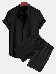 Muscle Fit Geripptes Stehkragen Hemd & Shorts – Schwarz