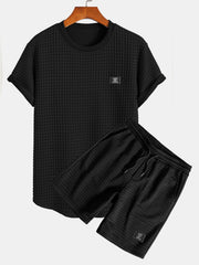 Kurzärmeliges Waffel-T-Shirt mit abgerundetem Saum & Shorts – Schwarz