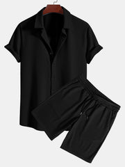 Muscle Fit geripptes Hemd mit Knopfleiste & Shorts – Schwarz