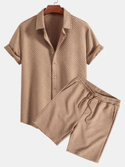 Textur Jacquard Hemd & Shorts mit Knopfleiste – Bräune