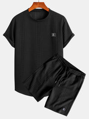 Kurzärmeliges geometrisches Jacquard-T-Shirt mit abgerundetem Saum & Shorts – Schwarz