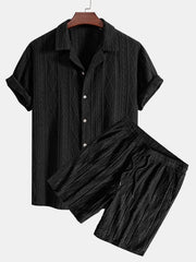 Geometrisches Jacquard-Kubanisches Hemd mit Ösen & strukturierte Shorts mit Futter – Schwarz