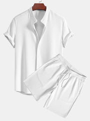 Muscle Fit Geripptes Stehkragen Hemd & Shorts – Weiß