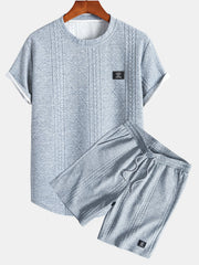 Kurzärmeliges geometrisches Jacquard-T-Shirt mit abgerundetem Saum & Shorts – Silber
