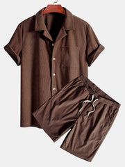 Kurzärmeliges Corduroy Kubanisches Hemd & Shorts – Kaffee