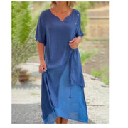 Luna | Damen Kleid Midi Lagenlook Asymmetrisch Kurzarm – Blau