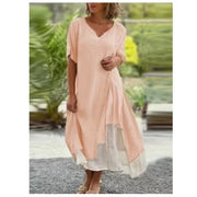 Luna | Damen Kleid Midi Lagenlook Asymmetrisch Kurzarm – Hellrosa