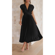 Kaitlyn | Damen Kleid Hochzeitsgast Midi V-Ausschnitt Elegant Plissee – Schwarz