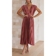 Kaitlyn | Damen Kleid Hochzeitsgast Midi V-Ausschnitt Elegant Plissee – Antikrosa