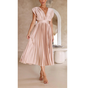 Kaitlyn | Damen Kleid Hochzeitsgast Midi V-Ausschnitt Elegant Plissee – Champagner