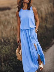 Klara | Damen Ärmelloses Rundhals Maxikleid – Blau