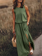 Klara | Damen Ärmelloses Rundhals Maxikleid – Grün