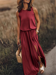 Klara | Damen Ärmelloses Rundhals Maxikleid – Rot