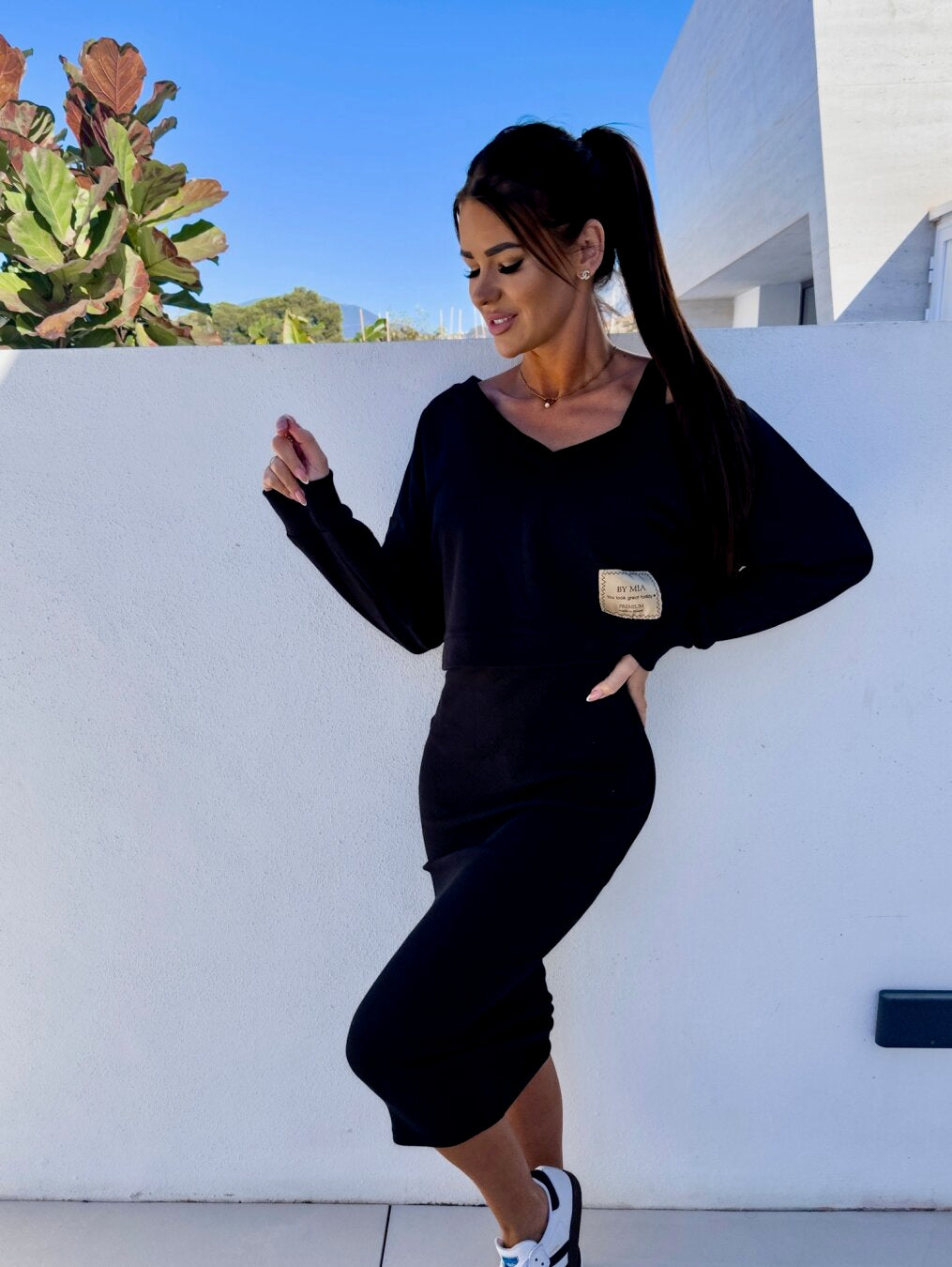 Strick-Zweiteiler mit Top | Oversize Pullover | Figurbetonter Midirock