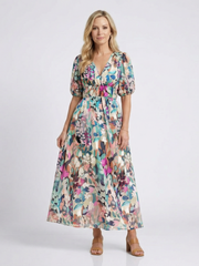 Konstanze | Damen V-Ausschnitt Blumendruck Midi Kleid – Blau