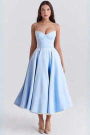 Satin-Korsett-Midi-Kleid für Damen | Hochzeitsgast – Blau