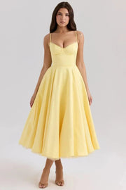 Satin-Korsett-Midi-Kleid für Damen | Hochzeitsgast – Gelb