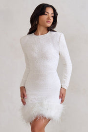 Langarm Mini Kleid Federsaum – Weiß