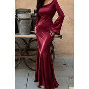 Laura | Damen Maxi Abendkleid mit langen Ärmeln – Weinrot