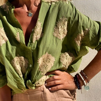 Oversize-Bluse mit Stickerei | Knoten-Detail | Boho-Leichtigkeit