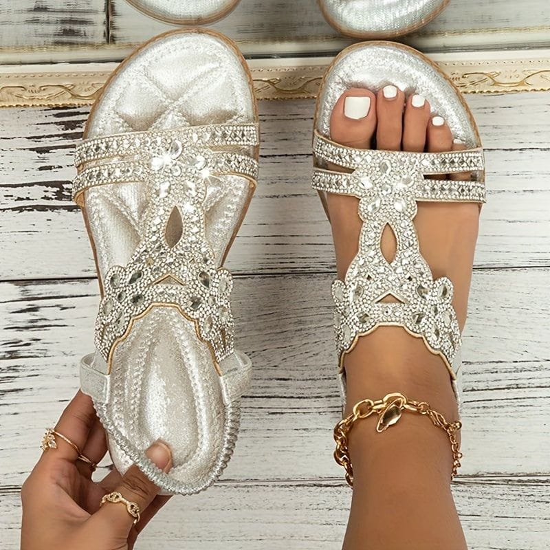 Sommersandalen mit Glitzersteinen | Elastisches Fersenband | Boho-Glamour