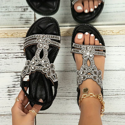 Sommersandalen mit Glitzersteinen | Elastisches Fersenband | Boho-Glamour