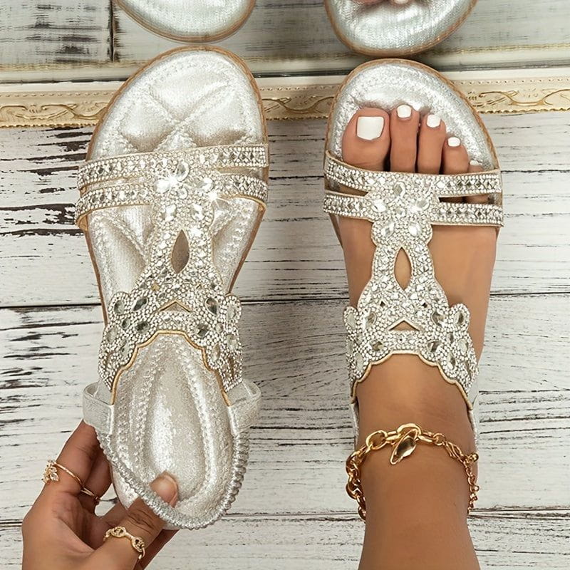 Sommersandalen mit Glitzersteinen | Elastisches Fersenband | Boho-Glamour