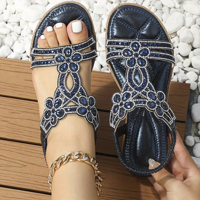 Sommersandalen mit Glitzersteinen | Elastisches Fersenband | Boho-Glamour