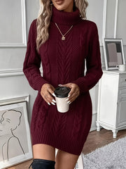 Leena | Damen Strickkleid mit Rollkragen und Zopfmuster – Rot