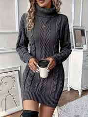 Leena | Damen Strickkleid mit Rollkragen und Zopfmuster – Grau