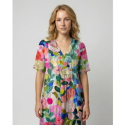 Levke | Damen Locker Leinen Midikleid – Bunte große Blume