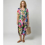 Levke | Damen Locker Leinen Midikleid – Buntes Blumenmuster