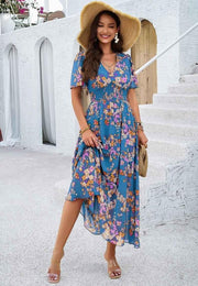 Liliana – Boho Maxikleid mit Blumenprint, V-Ausschnitt & Smoktaille – Blau