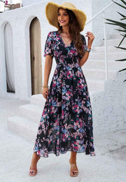 Liliana – Boho Maxikleid mit Blumenprint, V-Ausschnitt & Smoktaille – Schwarz