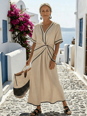 Linnea | Damen Midikleid Geraffte Taille – Figurbetonendes Sommerkleid Hochzeit 2026 – Beige