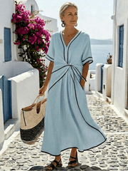 Linnea | Damen Midikleid Geraffte Taille – Figurbetonendes Sommerkleid Hochzeit 2026 – Himmelblau